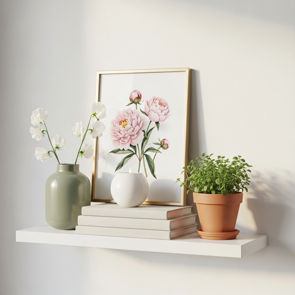 Complete spring shelf styling using four step formula with botanical print backdrop sage vase sweet peas linen book stack white candle and terracotta herb plant on white floating shelf for how to style shelves for spring