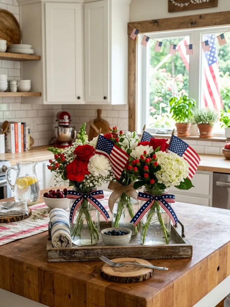 Mason jar centerpieces for Independence Day kitchen – fresh patriotic decor