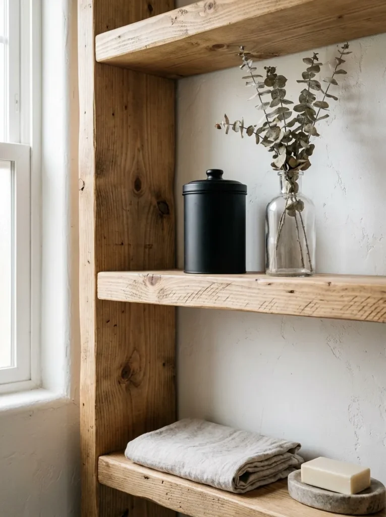Rustic wood shelves with black metal accents and dried eucalyptus.
