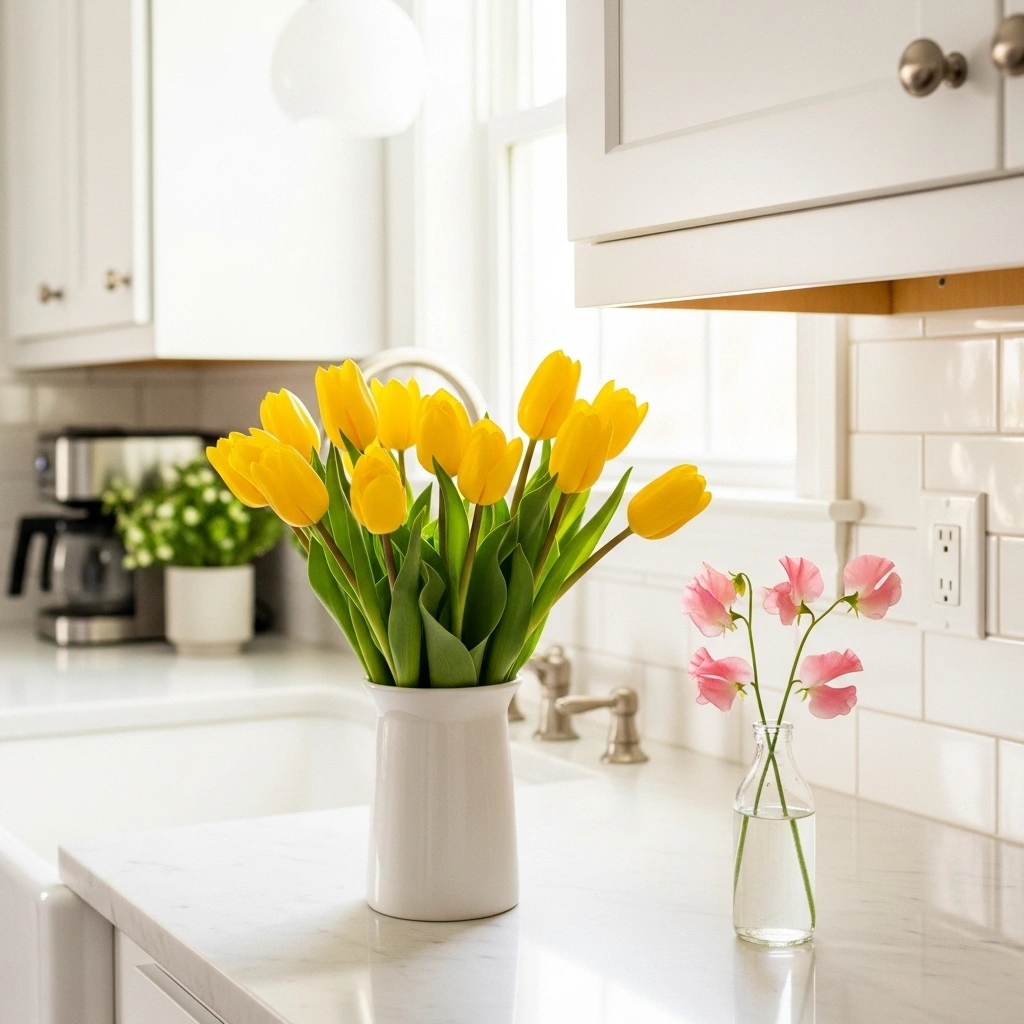 Spring kitchen counter flowers with yellow tulips in white ceramic vase and blush sweet peas in glass bottle vase on white marble counter for kitchen counter decor ideas for spring 2026