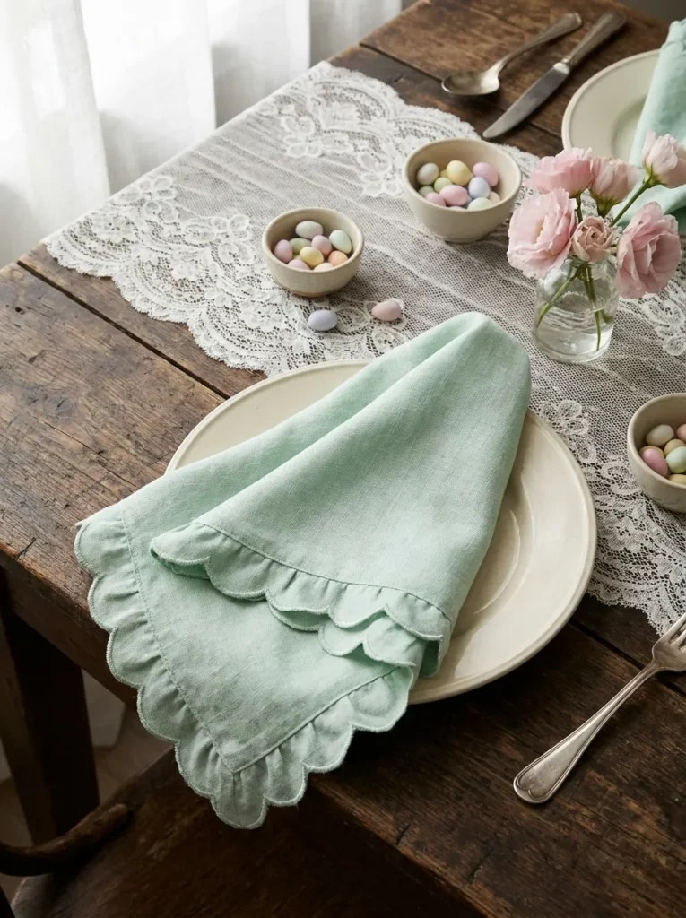 Lace table runner and scalloped napkins for a vintage Mother's Day table.