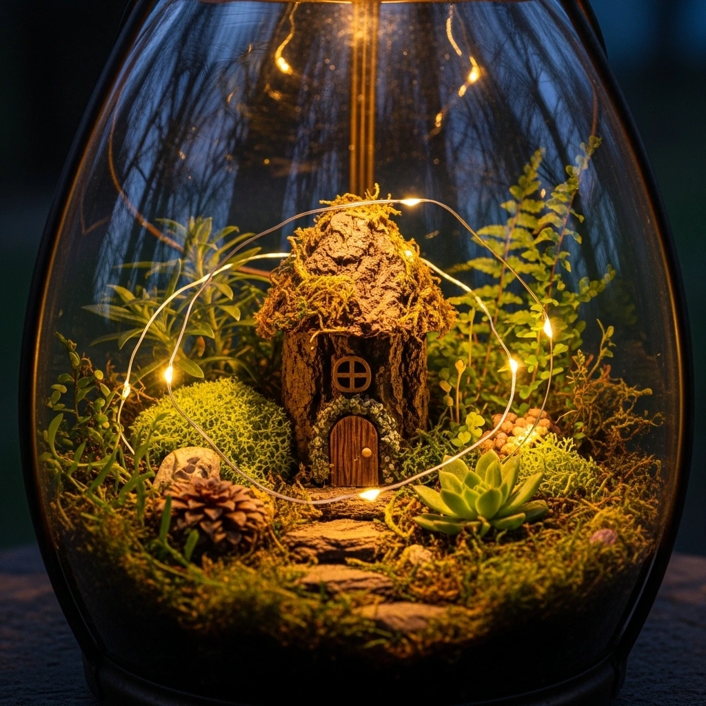Lantern fairy garden with warm glowing lights and small plants creating a magical outdoor garden atmosphere at night