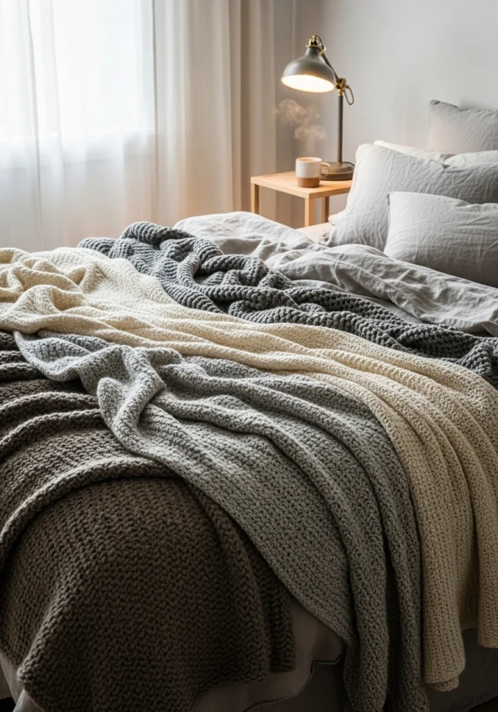 Layered blankets in cocooning bedroom – ultimate comfort idea