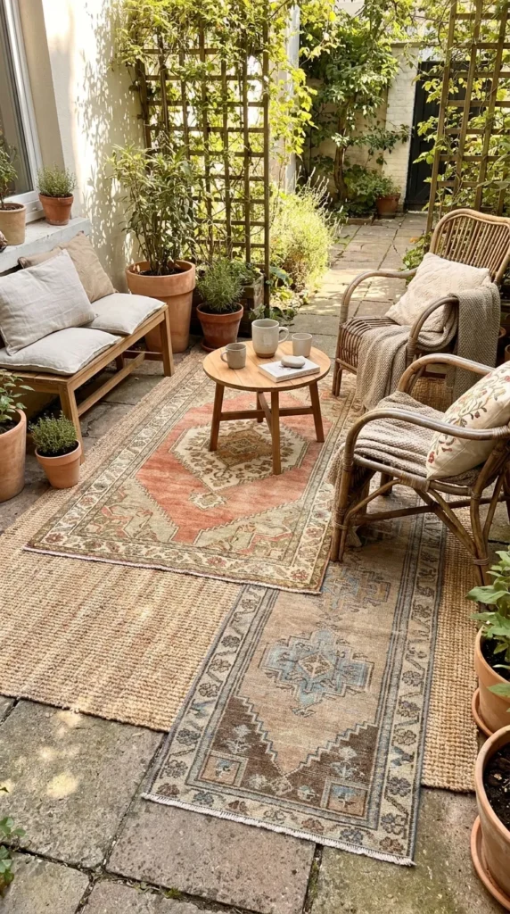 Layered boho patio rugs – warm and defining decor