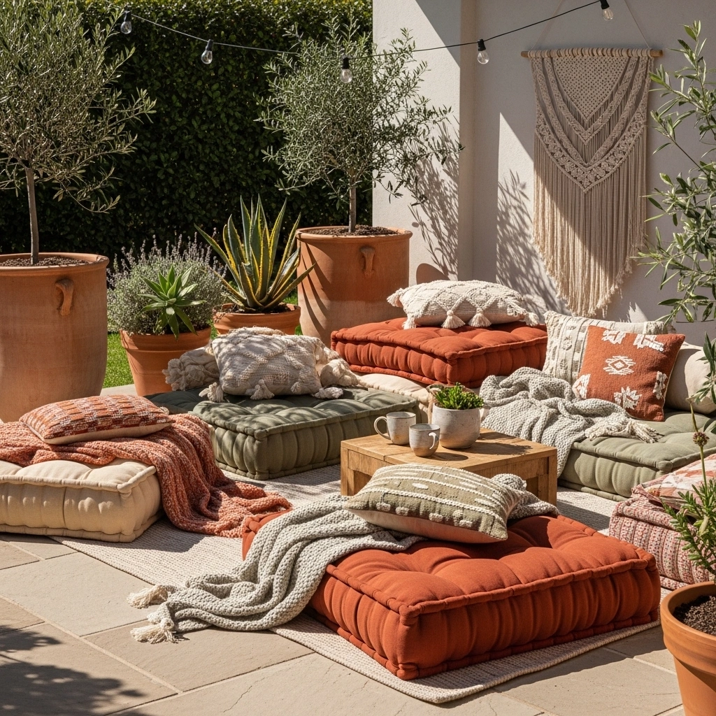 Layered boho patio seating with floor cushions – relaxed spring setup