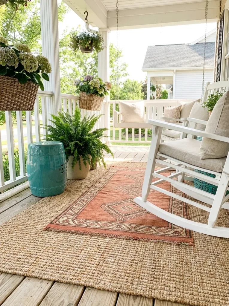 Layered boho rugs and ceramic garden stool on a summer porch.