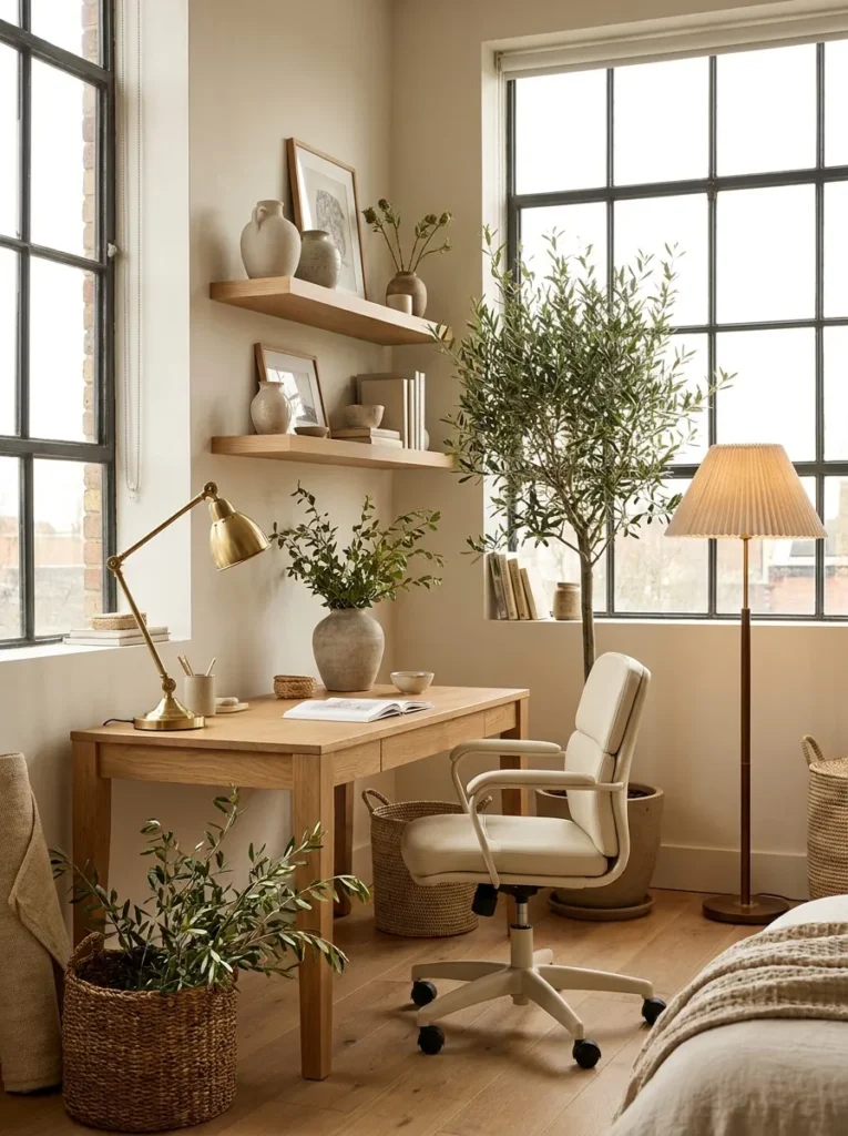 Spring home office with layered lighting including a brass desk lamp, floor lamp, and soft natural daylight.