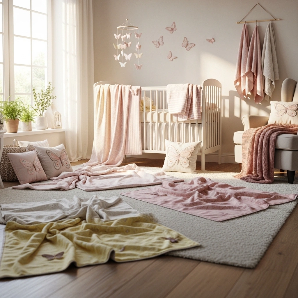 Layered textiles in butterfly nursery – cozy spring decor