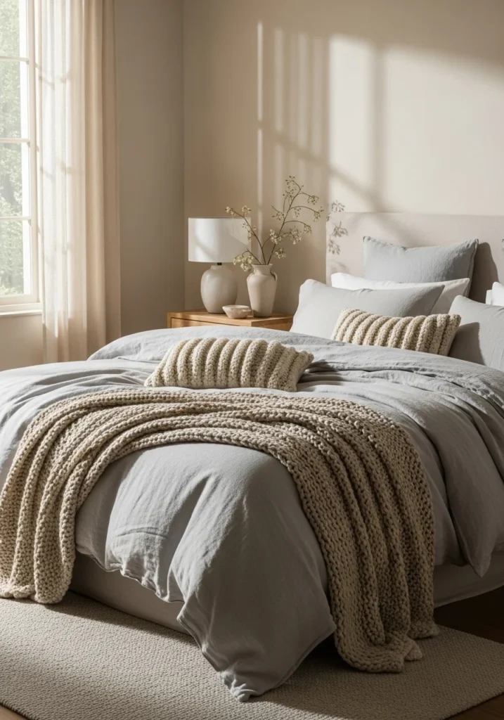 Layered textures in quiet luxury bedroom – rich minimalist comfort