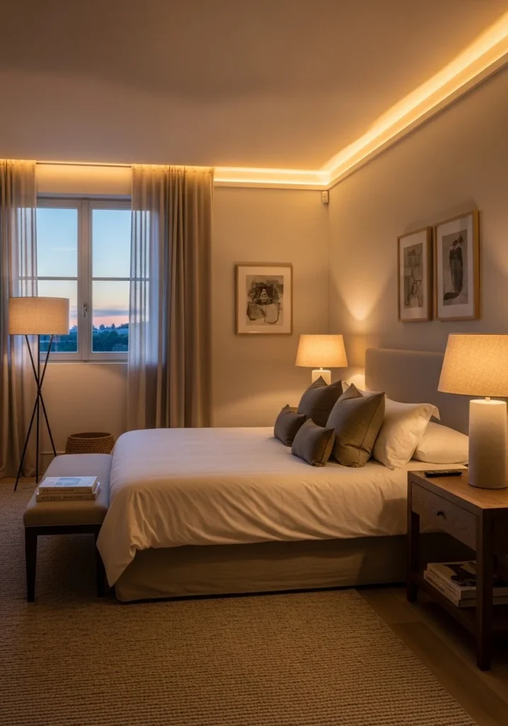 Layered lighting in quiet luxury bedroom – intentional and warm