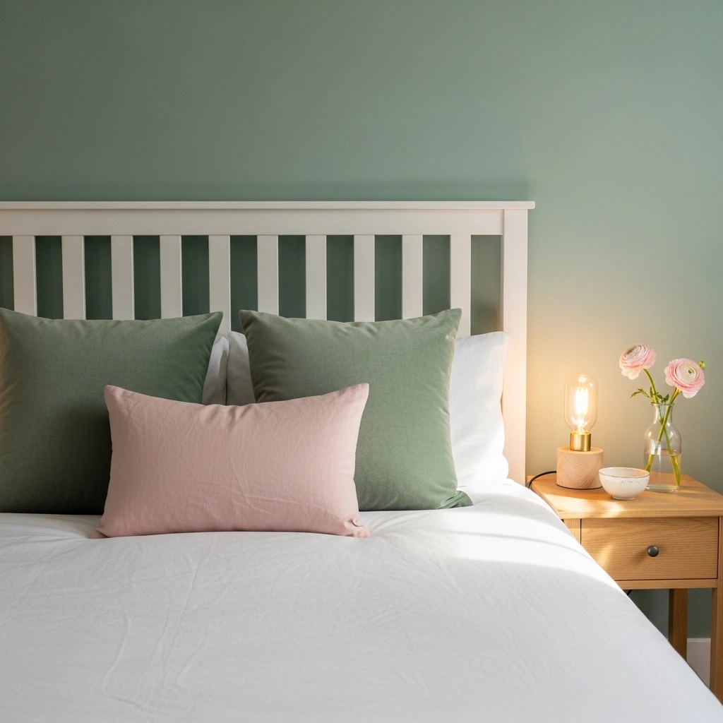  Light pink and sage green bedroom with sage green painted accent wall white slatted headboard sage velvet cushions blush pink linen accent pillow natural brass table lamp blush ranunculus bud vase and cream ceramic bowl on natural oak nightstand for light pink and sage green bedroom ideas 2026
