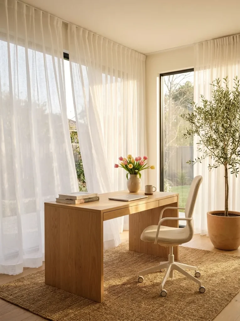 Spring home office with sheer linen curtains, soft natural light, and a bright modern workspace.