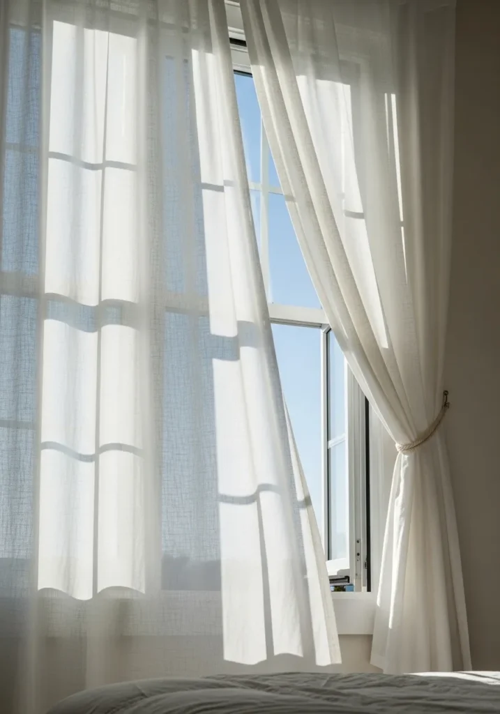 Open bedroom window with sheer linen curtains tied back for airflow.