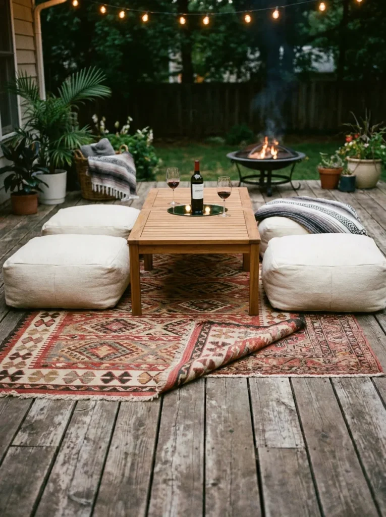 Low-profile backyard dining setup with floor poufs and layered rugs.