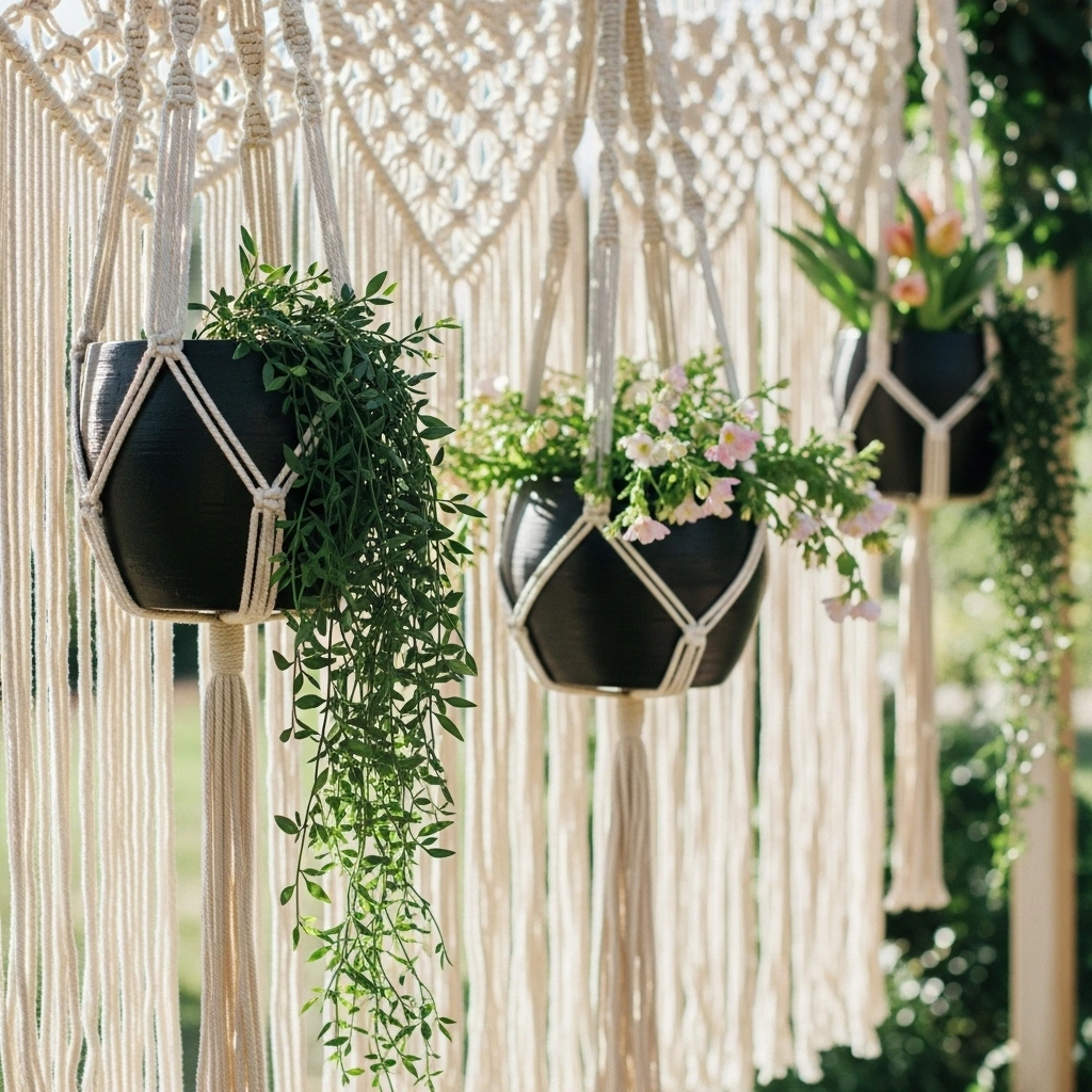 Macrame backdrop with hanging planters – beautiful boho garden party decoration ideas