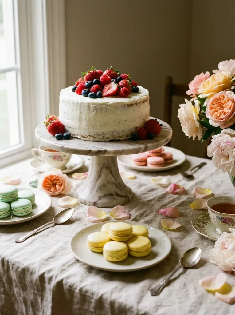 Elegant Mother's Day dessert station with marble stands and pastel treats.