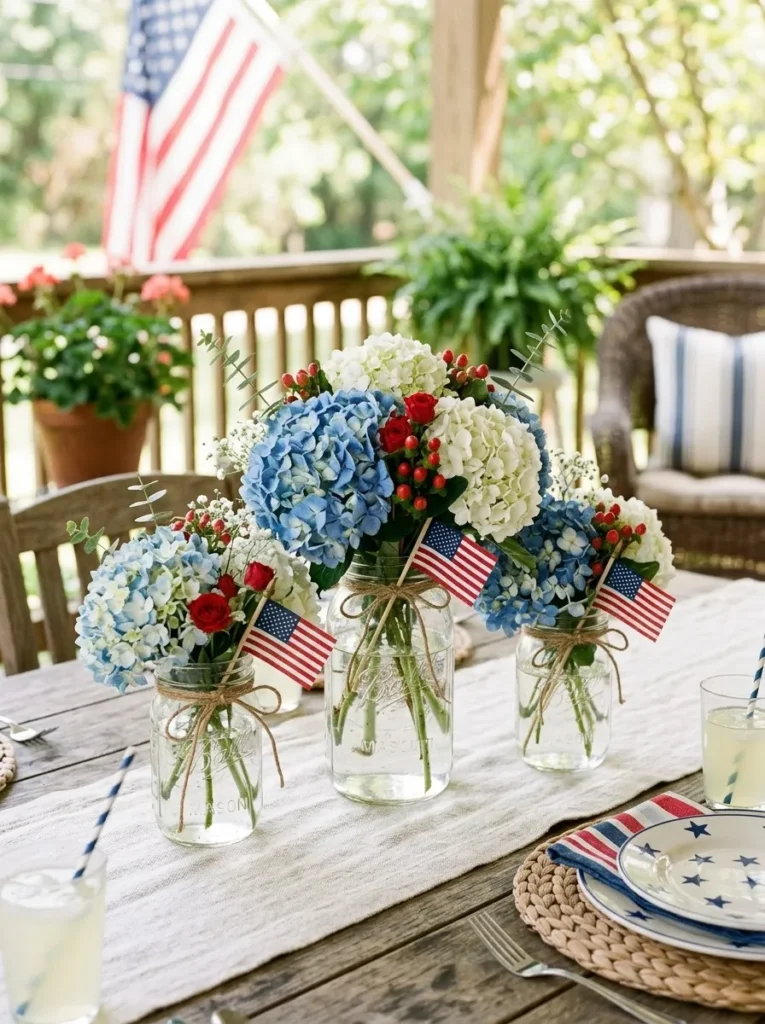 Mason jar centerpiece with hydrangeas – beautiful 4th of July tablescape