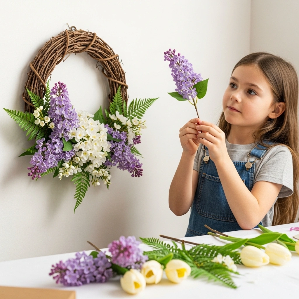  May wreath ideas for kids with child arranging artificial lilac stems white blossom sprigs and green fern fronds on natural grapevine wreath base propped against white wall with May botanical stem collection on craft paper in warm natural light for May wreath ideas kids spring craft 2026