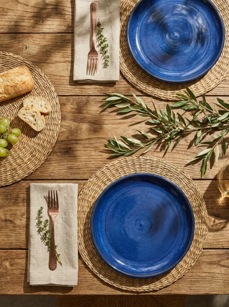 Layered summer tablescape with seagrass mats and blue ceramics.
