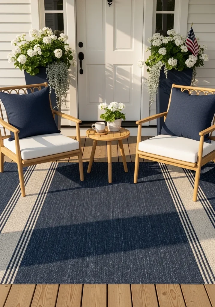 Elevated Memorial Day front porch decor with navy and cream stripe outdoor rug navy linen cushions rattan chairs white geraniums in navy planters and small American flag in warm afternoon light for memorial day front porch decor ideas 2026