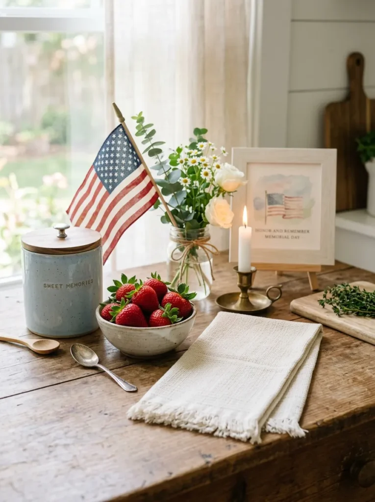 Memorial Day kitchen vignette – soft patriotic styling