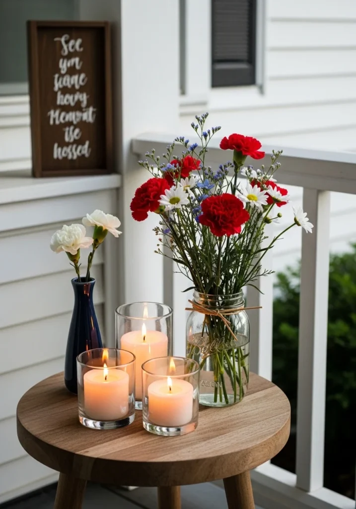 Memorial Day outdoor decoration ideas with lit white pillar candles navy bud vase white carnation wooden patriotic sign and mason jar with red white blue wildflowers on porch side table in warm afternoon light