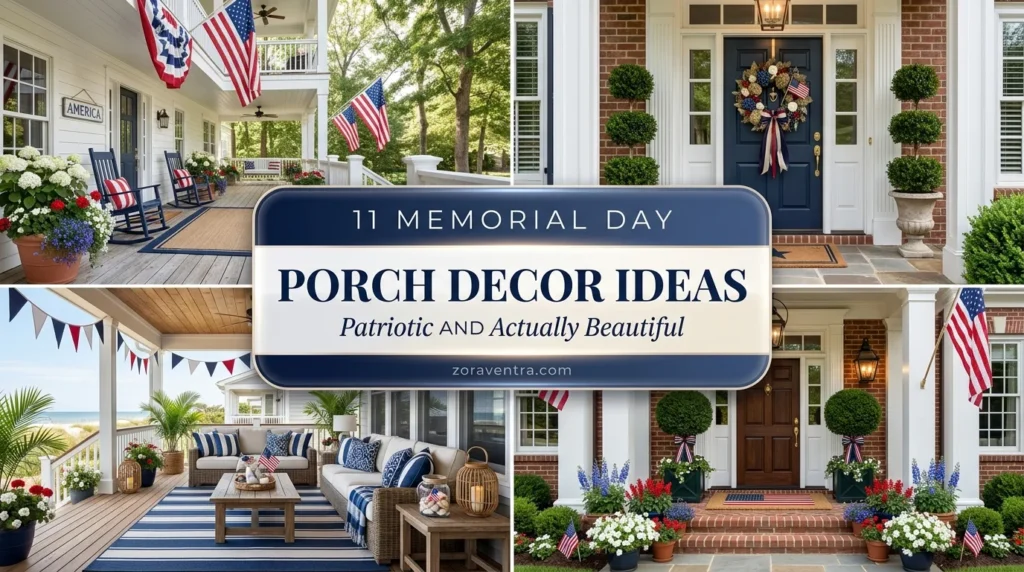 11 memorial day porch decorating ideas collage showing elevated navy and cream porch with flag and white geraniums vintage americana porch with quilt and galvanized flowers elevated patriotic outdoor table setting with mason jar centrepiece and atmospheric evening porch with edison lights and iron lanterns for patriotic stylish porch ideas 2026