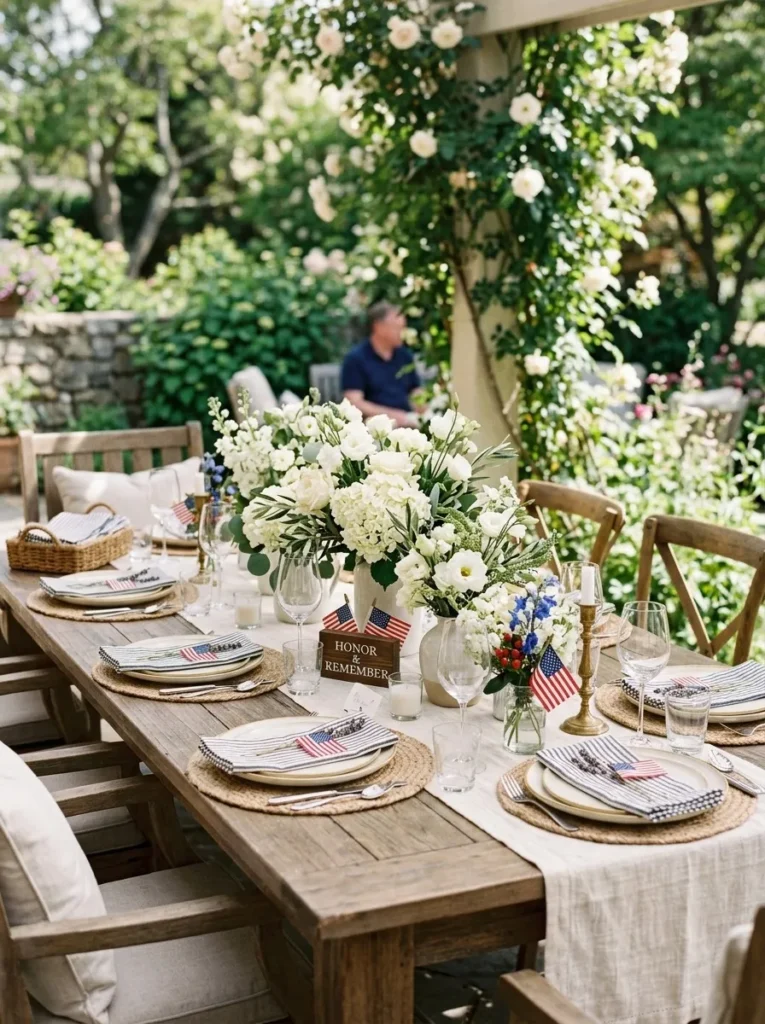 Memorial Day tablescape with soft neutrals – elegant outdoor decor