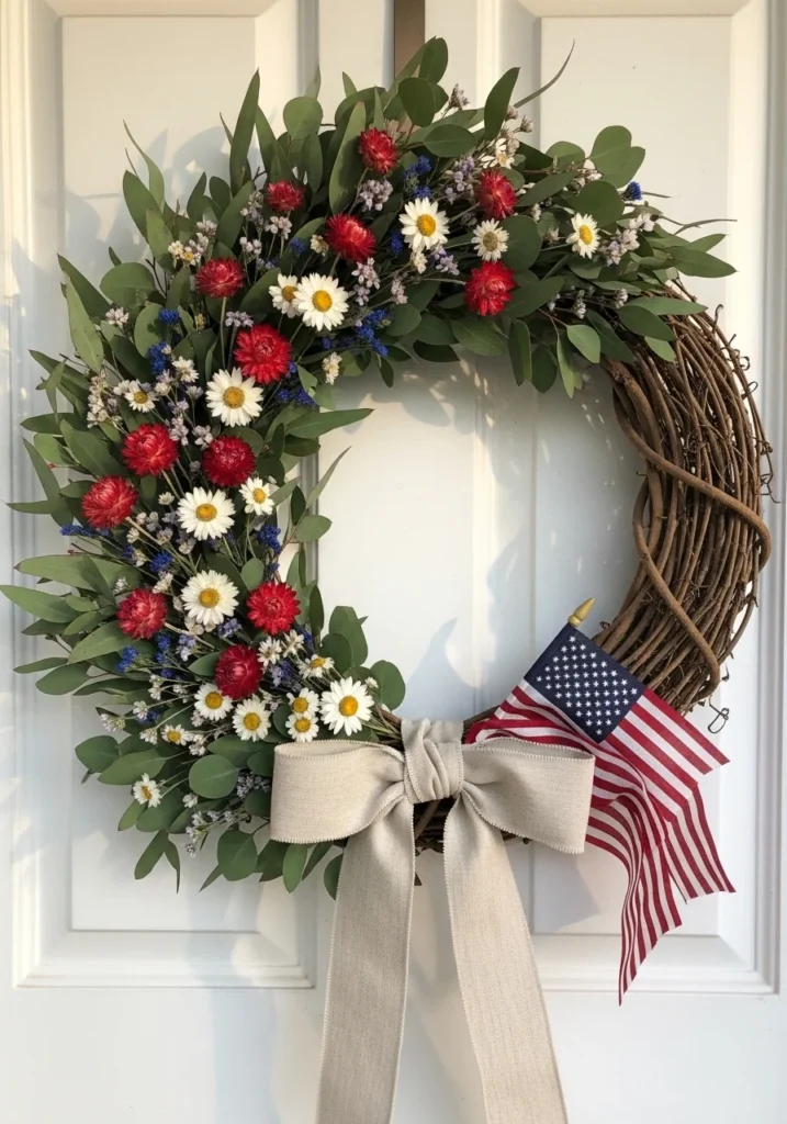  DIY Memorial Day wreath ideas with natural grapevine base eucalyptus dried red strawflowers white daisies blue wildflowers natural linen bow and vintage style small cotton flag on white painted door in afternoon light