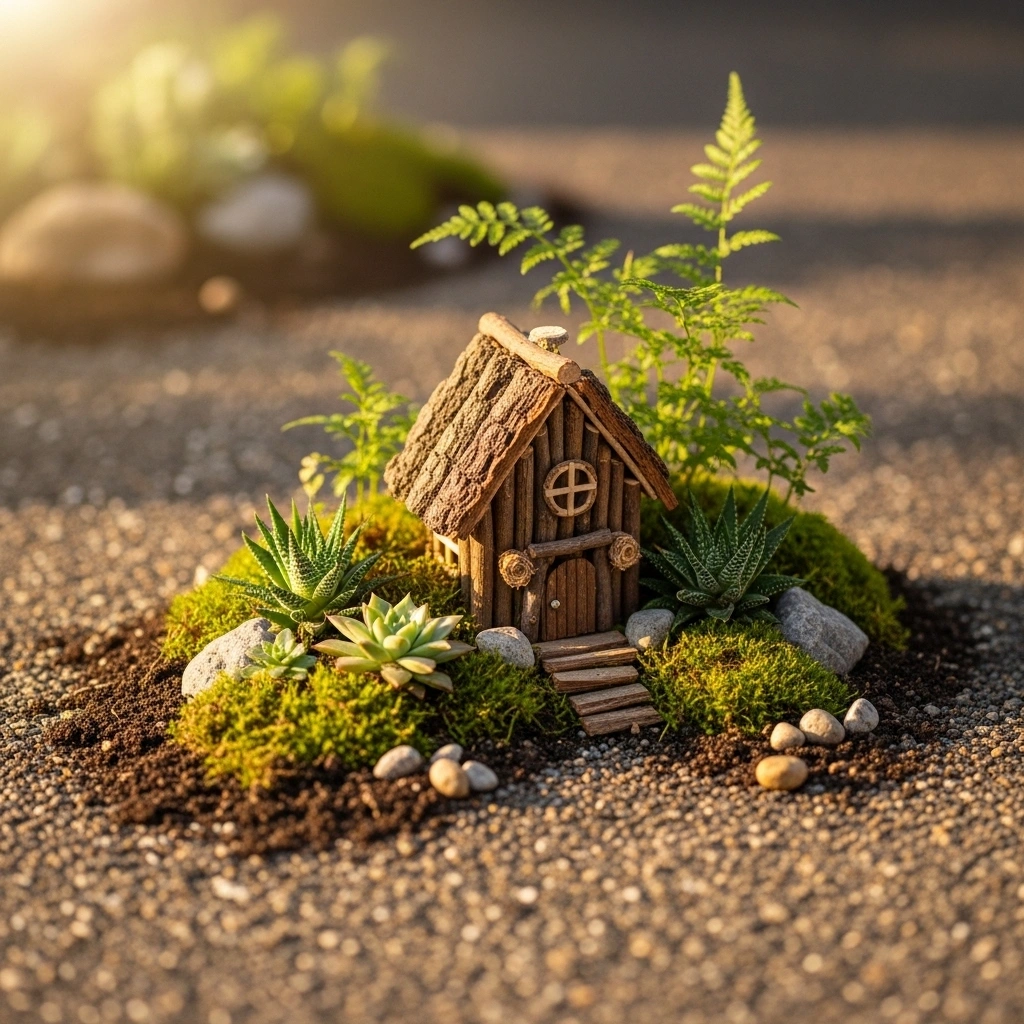Minimal outdoor fairy garden corner with a single fairy house and natural plants in soft golden sunlight creating a calm and intentional garden design