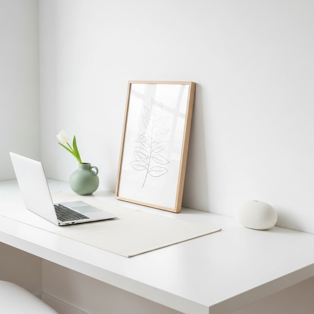  Minimal home office spring decor with slim white laptop sage green ceramic vase single white tulip cream linen desk mat smooth white oval stone and large botanical line drawing natural wood frame on slim white floating desk for minimal home office spring decor ideas 2026
