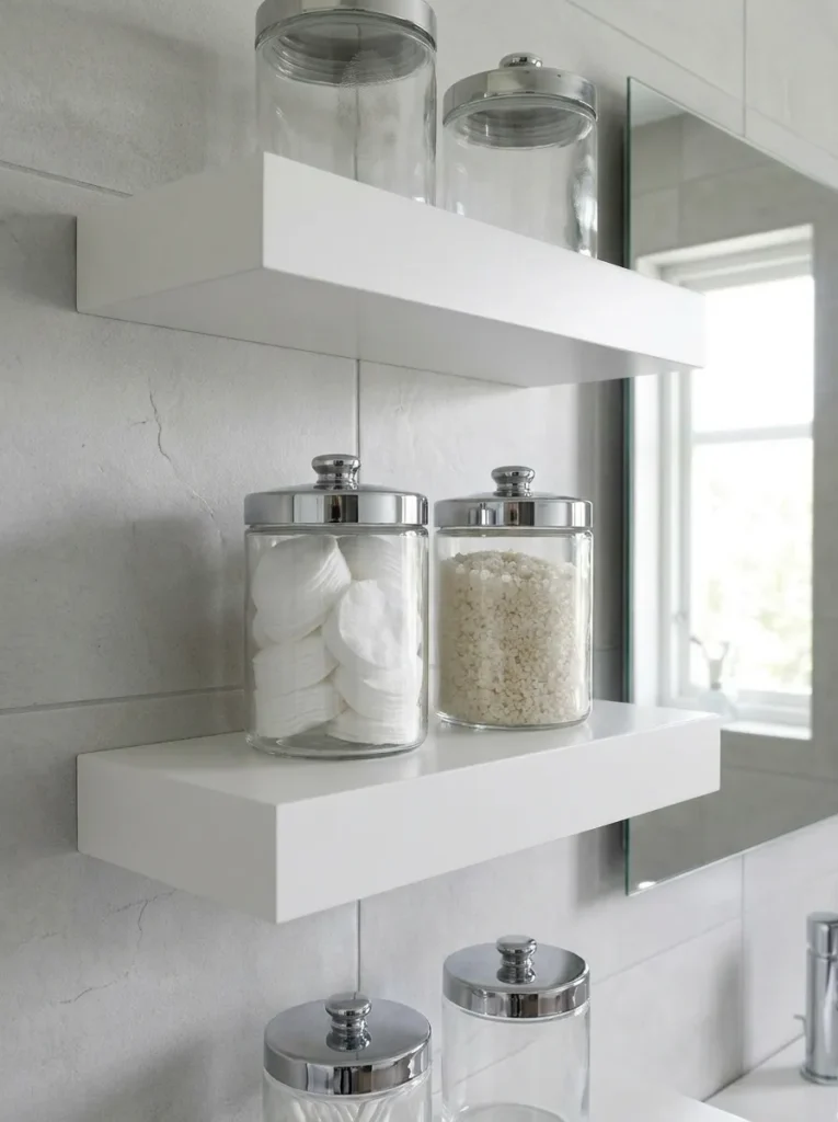 Minimalist white floating shelves with glass storage jars.