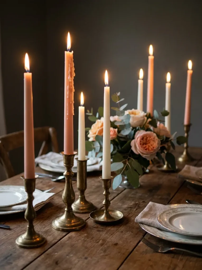Mismatched taper candles in brass holders on a dining table.