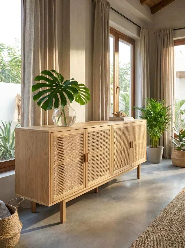 Modern sideboard with cane panels and a single monstera leaf.