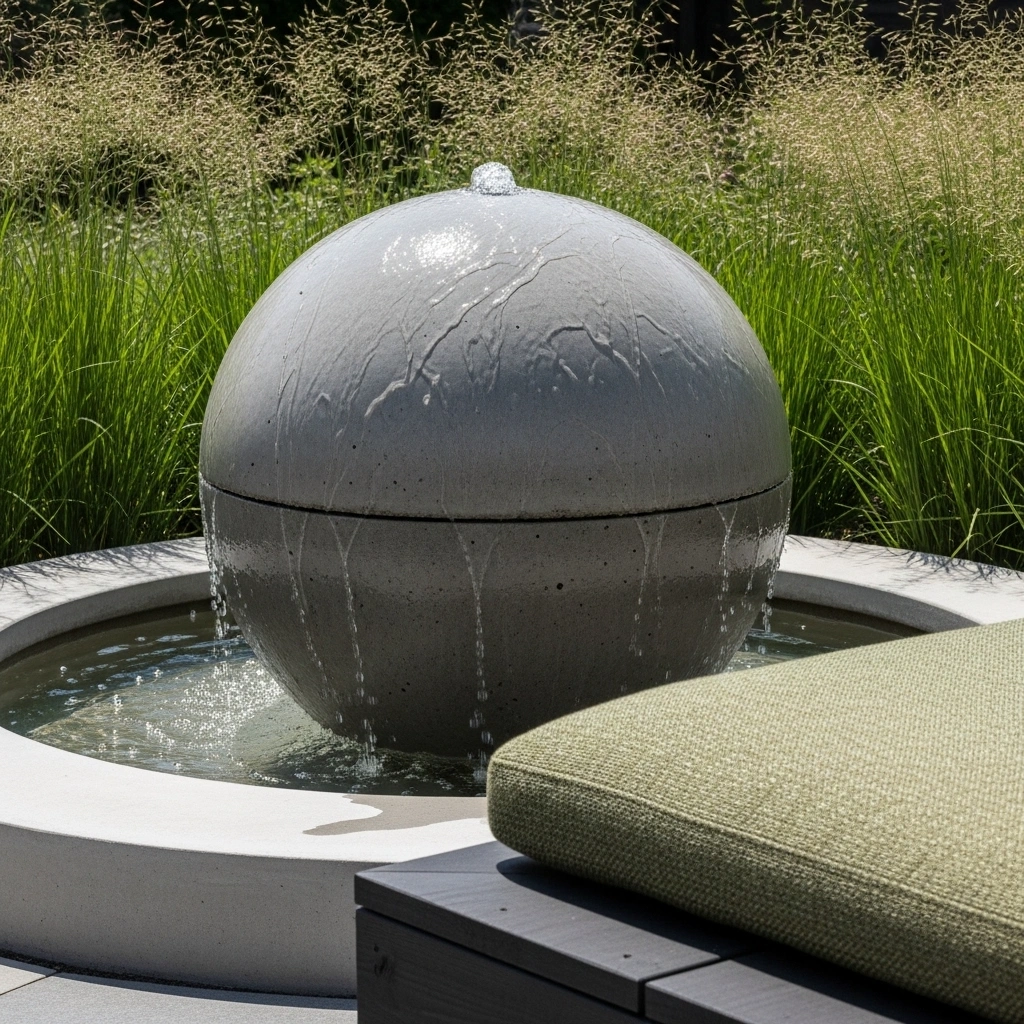 Modern concrete sphere fountain – elegant backyard water fountain decor ideas