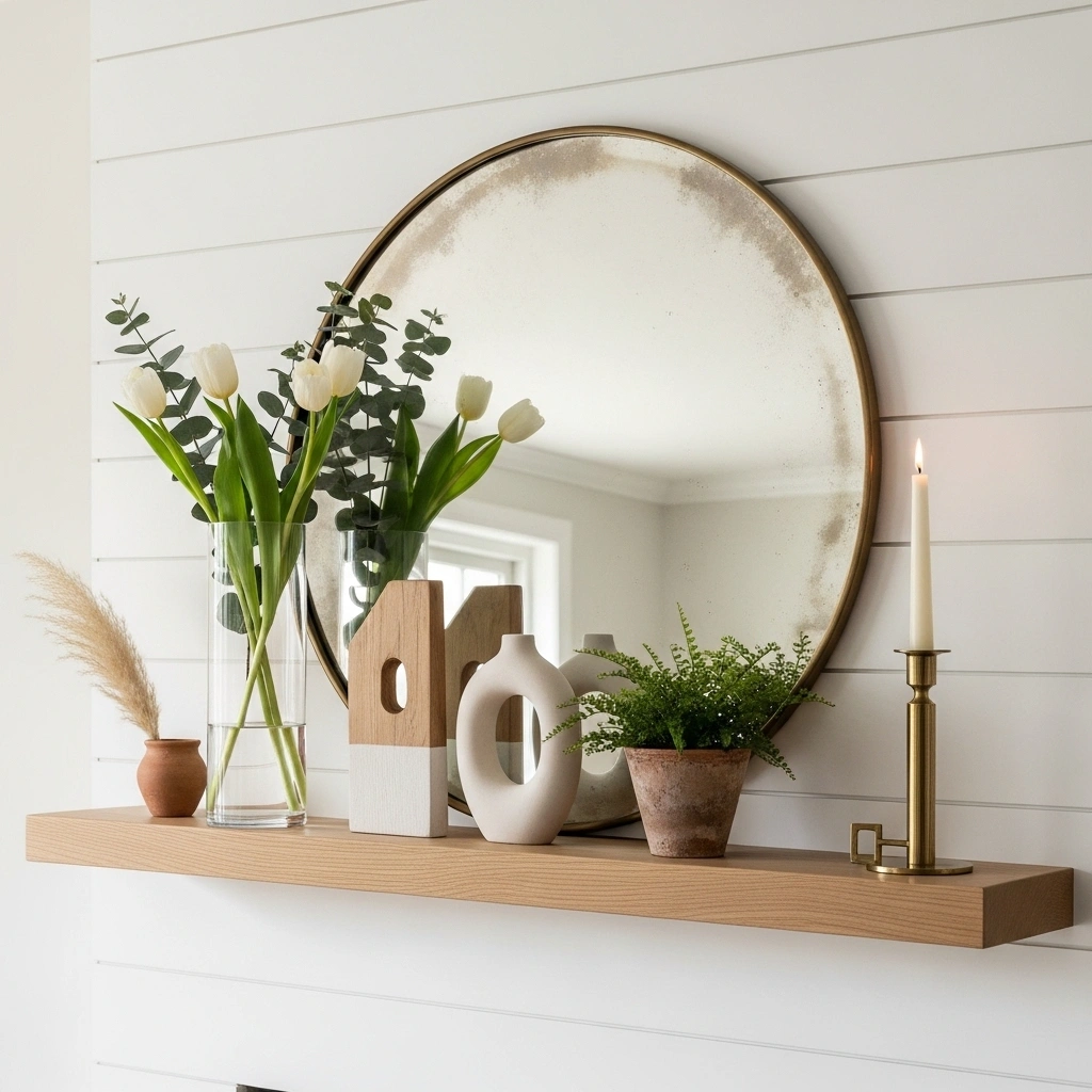 Modern farmhouse spring mantel with large antique brass mirror backdrop white tulip eucalyptus glass vase wood ceramic sculpture terracotta fern brass candlestick and dried pampas on natural oak mantel shelf for modern farmhouse spring mantel decorating ideas 2026