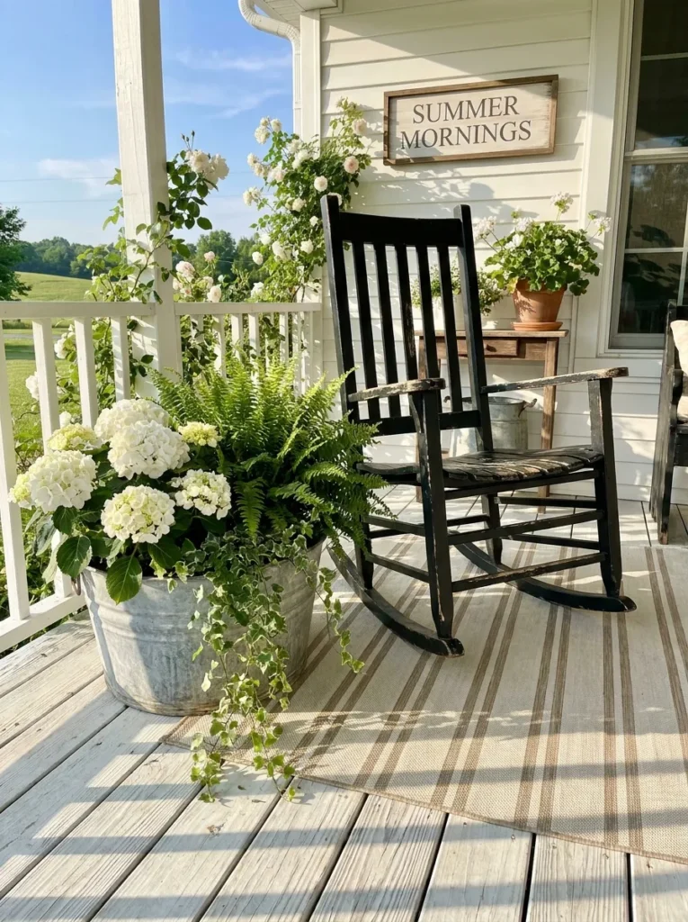 Modern farmhouse porch with black rocking chair and galvanized floral bucket