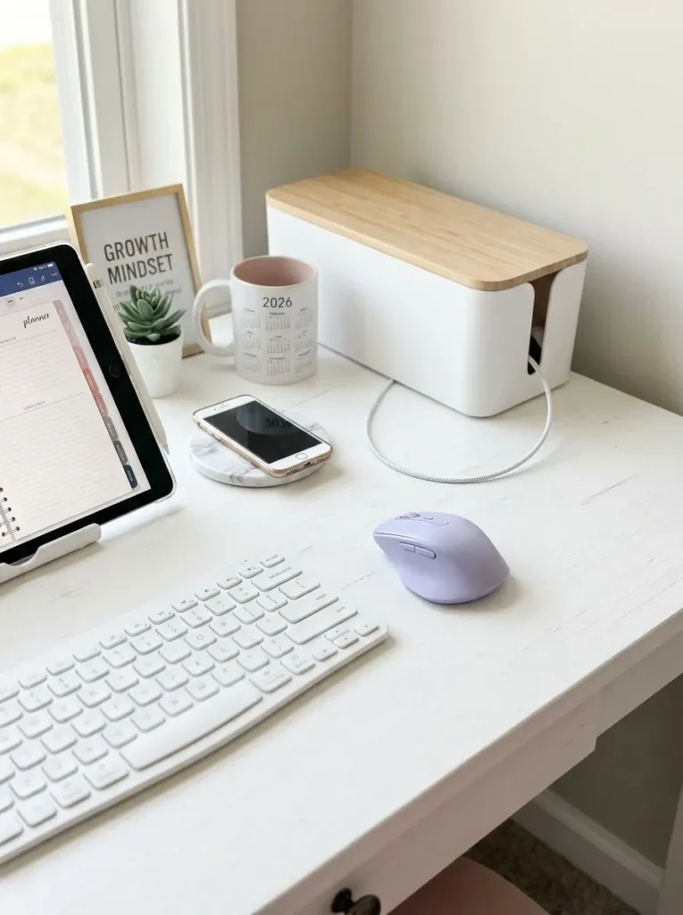 Modern feminine tech setup with lavender mouse and hidden cables.