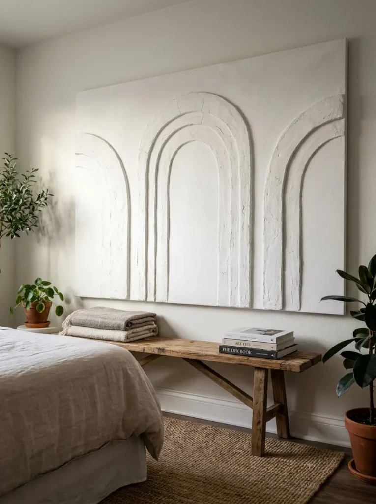 DIY plaster arch wall art with heavy texture.