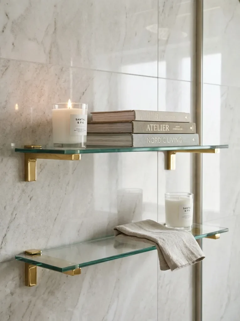 Symmetrical modern bathroom shelf styling with candles and books.