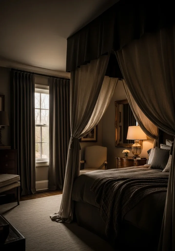 Blackout curtains and canopy in moody master bedroom – better sleep setup