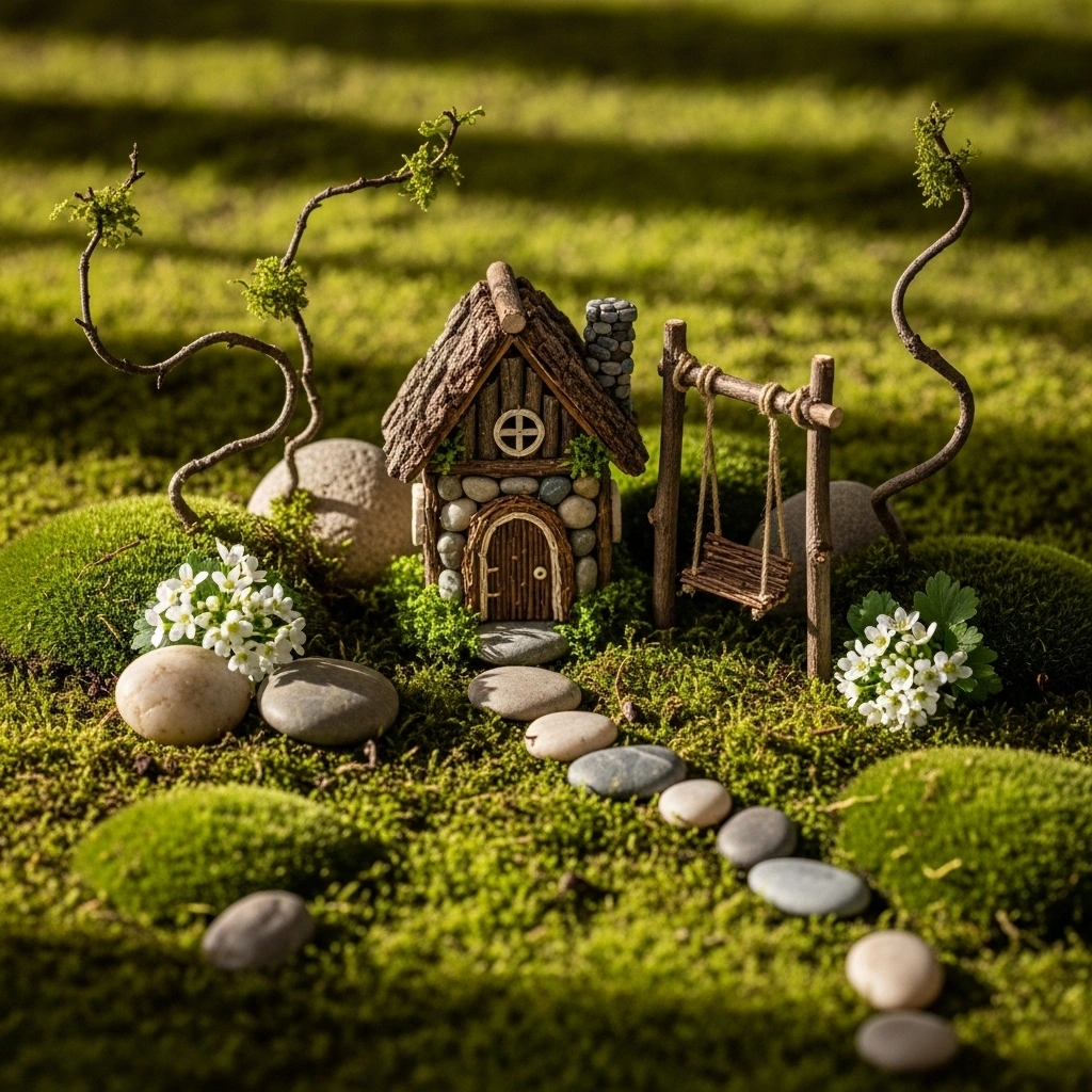 Outdoor fairy garden with soft moss textures and a small fairy house creating a calm and peaceful minimalist garden scene in natural light