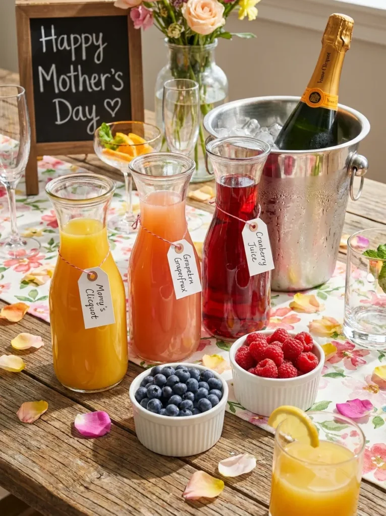 DIY Mimosa bar station with juices and fresh fruit.