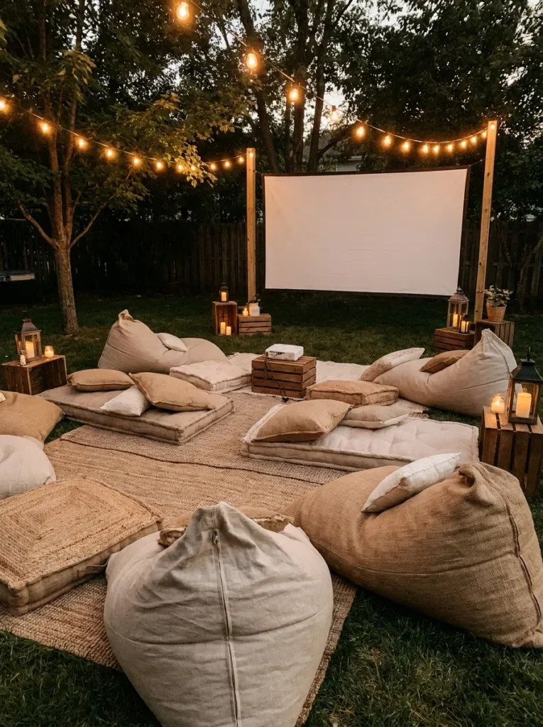 Floor cushions and bean bags for outdoor movie night seating – super cozy
