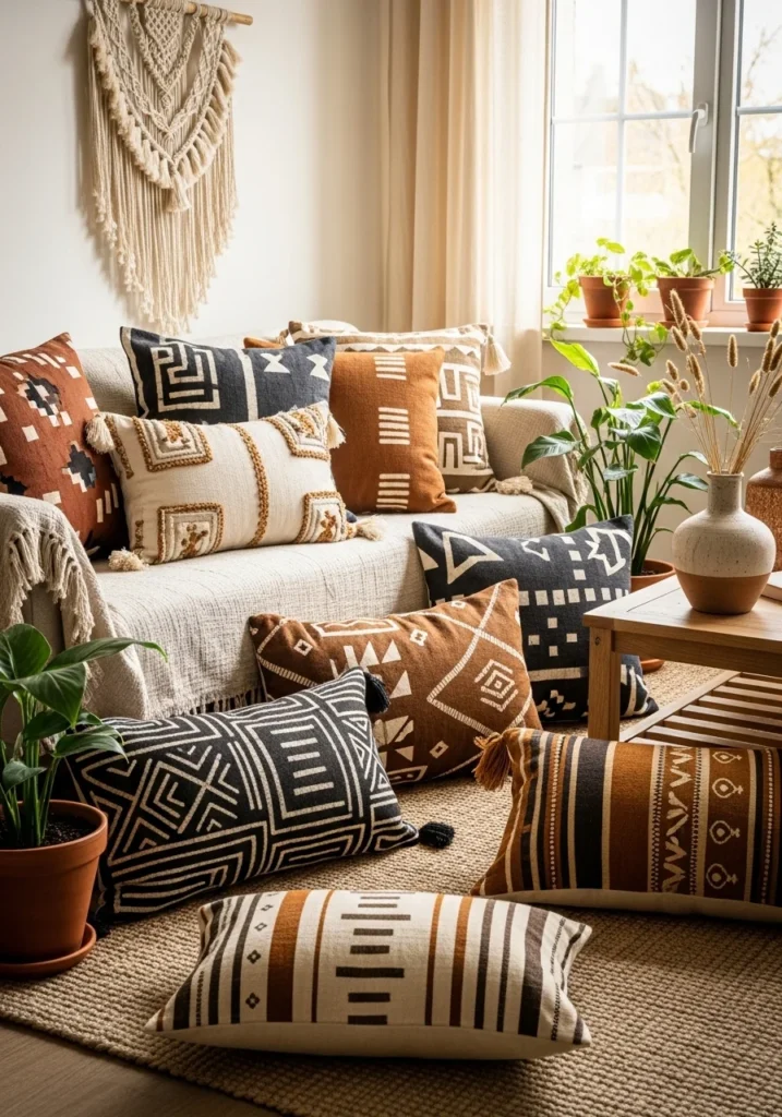 Mudcloth throw pillows in Afrohemian living room – meaningful cultural decor