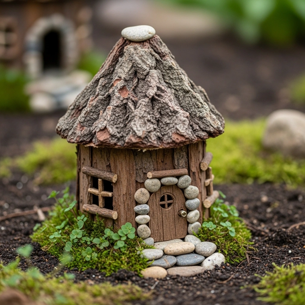 DIY fairy house for garden made from bark and twigs placed naturally in soil with small plants and soft daylight creating a realistic and organic fairy garden look