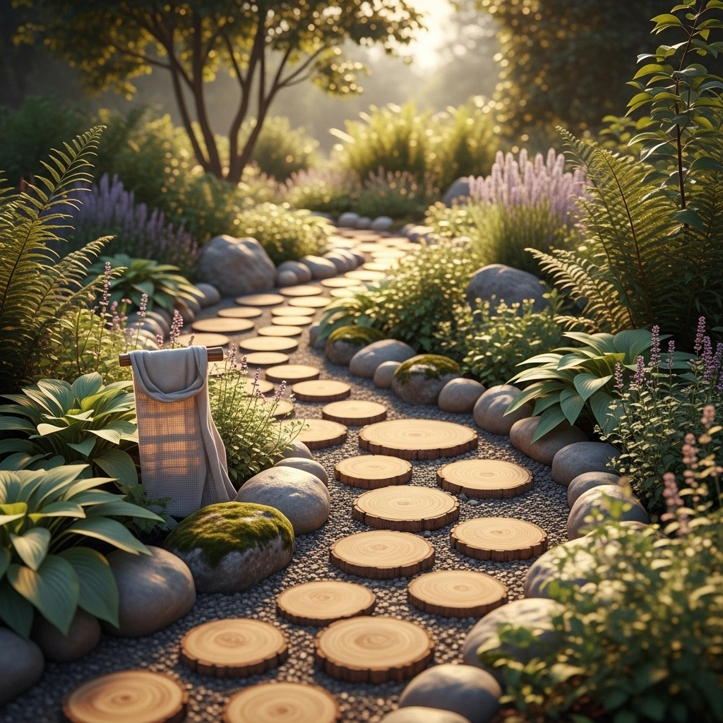 Natural stone and wood pathways – zero waste backyard styling