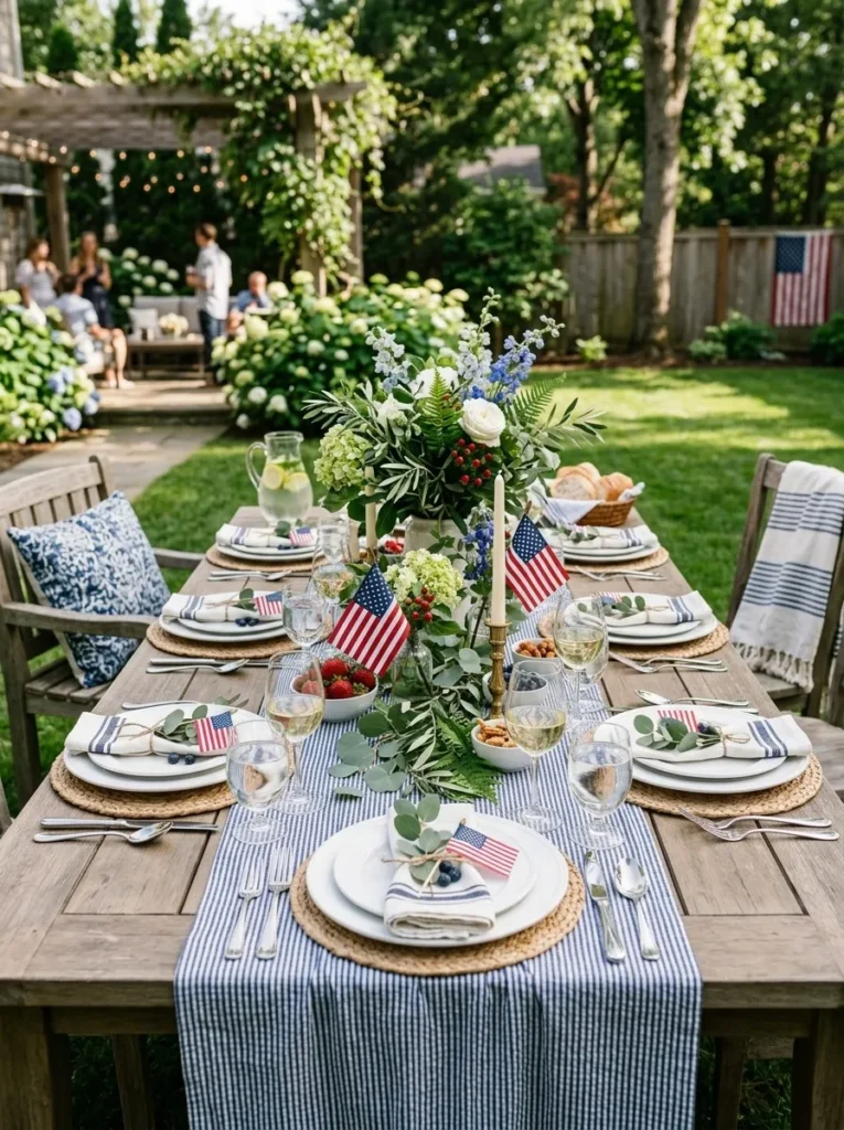 Navy seersucker runner for 4th of July tablescape – elegant and classic