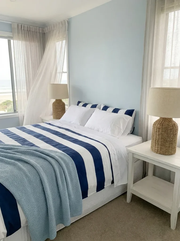 Blue and white coastal bedroom decor with striped linens and seagrass lamps.