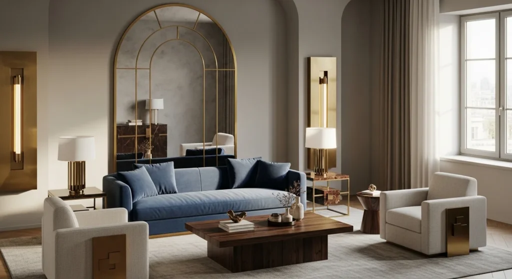 Neo deco home decor ideas with gold geometric accents, brass fixtures and arch mirrors for a modern glamorous yet livable space